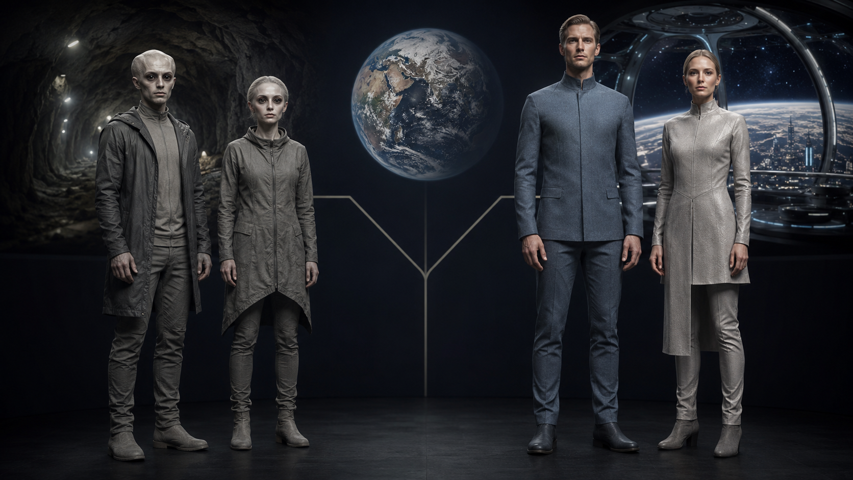 Speculative evolutionary depiction of the P47 and P52 future populations, with a man and woman from each group