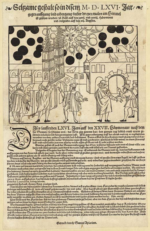 Basel’s 1566 leaflet with black and white spheres around the sun