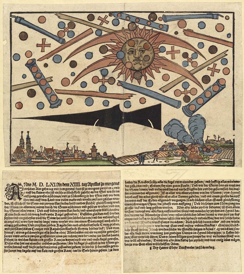 Original Nuremberg broadsheet with coloured sky shapes and printed text below