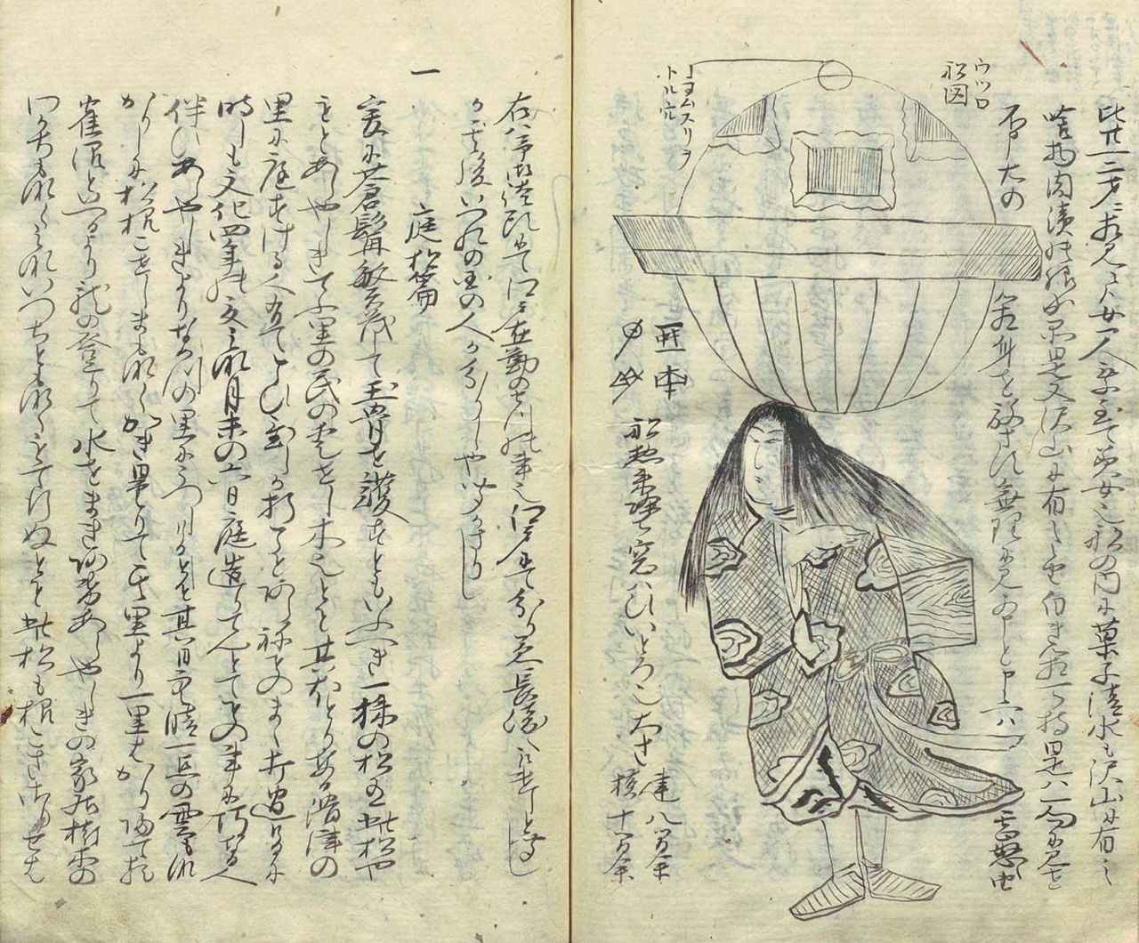 Historical drawing of a woman, rounded vessel and unfamiliar symbols in the hollow-boat story